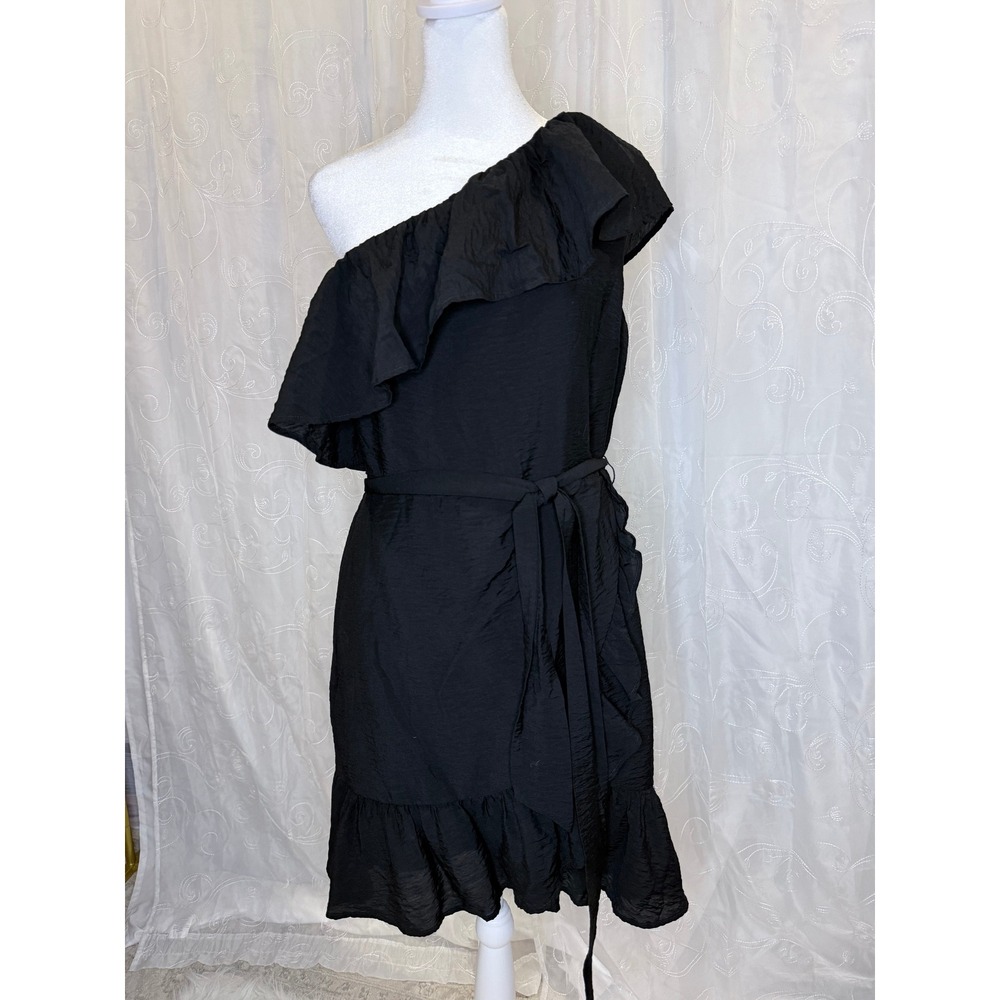 Express Black One Shoulder Ruffle Cocktail Dress Medium Belted Mini LBD Wedding